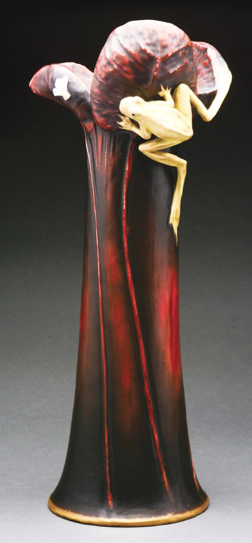 Eduard Stellmacher Amphora Vase with Frog & Fly.: Eduard Stellmacher, Amphora Vase With Figural Frog and Fly, Austria. Base is marked with impressed number "25", stamped "AUSTRIA" and hand marked "M.Z. 5./173.". Illustrated in "House of Amphora", by