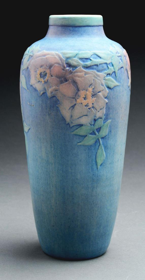 Sadie Irving, Newcomb College Pottery Vase With Wild: Sadie Irving (1887-1970) for Newcomb College Pottery Vase With Wild Roses. New Orleans, Louisiana, 1922. Matte Glaze. Marked "NC, MD16, 151, S". Small hairlines to lip of rim, 1/2" scratch to body. 11