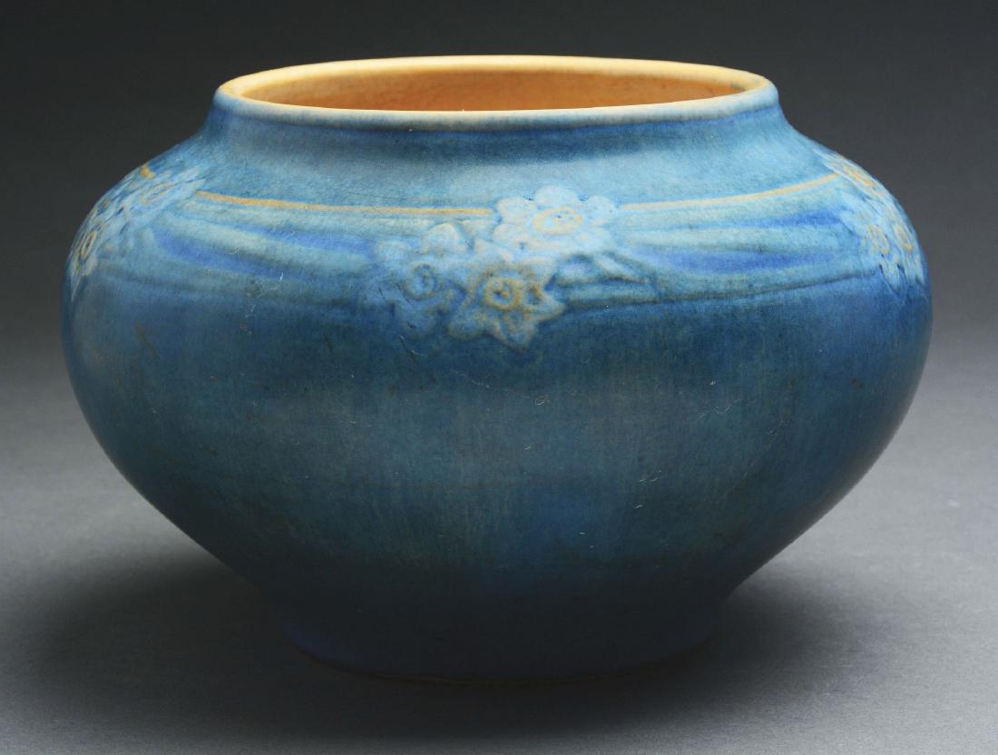 Henrietta Bailey, Newcomb College Pottery Floral Squat: Henrietta Bailey (1874-1950) for Newcomb College Pottery Squat Vase With Flowers. New Orleans, Louisiana, 1912. Matt Glaze. Marked "NC, FE-40, JM, HB". Firing lines visible under the base from the fac