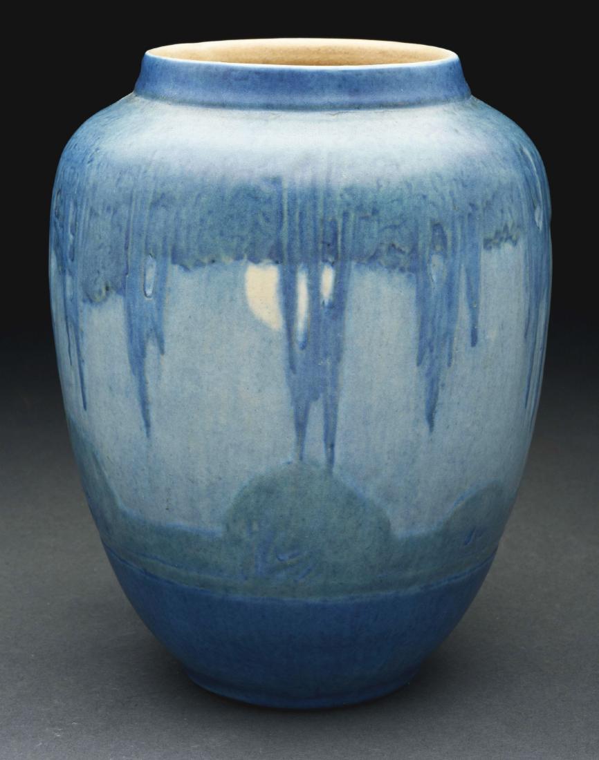 Newcomb College Spanish Moss Vase.: Beautiful green and blue coloration, with moon. There is a portion of a paper label on the bottom.Paperwork: Condition: Dimensions: 6" x 5" x 5".