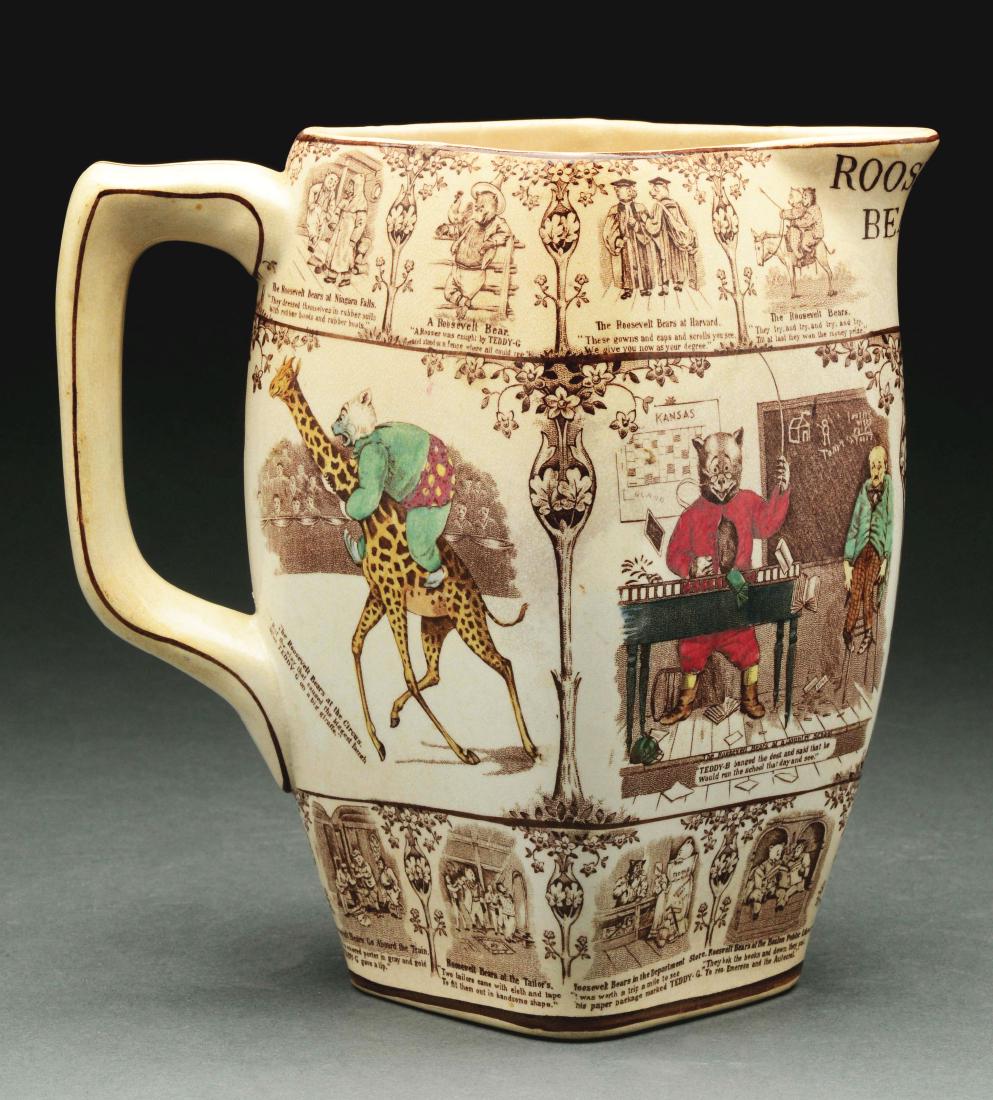 Buffalo Pottery, Ceramic Roosevelt Bears Pitcher.: Buffalo Pottery, Ceramic Roosevelt Bears Pitcher with handle, Buffalo, New York. Circa 1907. Crazing to finish. Marked in brown with "BUFFALO POTTERY 1907" stamp and "COPYRIGHT EDWARD STERN & CO.". Pi