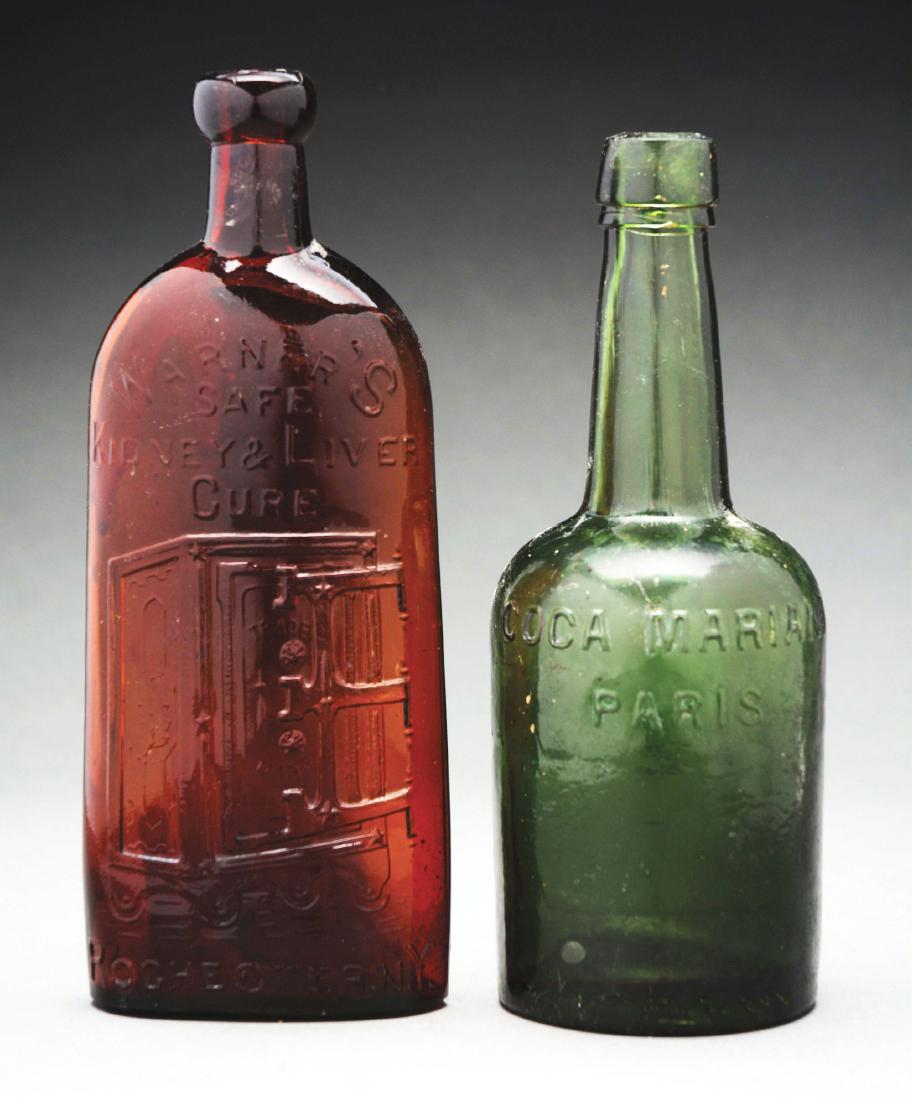 Glass Coca Mariani & Warner's Bottles.: Lot consists of: first, a Green bottle with squared shoulder has raised letters "COCA MARIANI PARIS", also marked on underside "COCA MARIANI PARIS FRANCE" and "E" in the center of the bottom; second, 