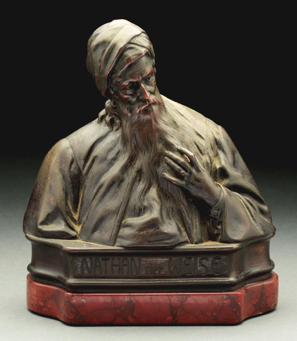 Oskar Gladenbecker (1850 - 1921, Germany) "Nathan Der: Bronze portrait bust titled "Nathan der Veiss". A Jewish merchant from a book by Gotthold Ephraim Lessing, published 1779. The bust, mounted on a rouge marble base inscribed signature on lower rear "A