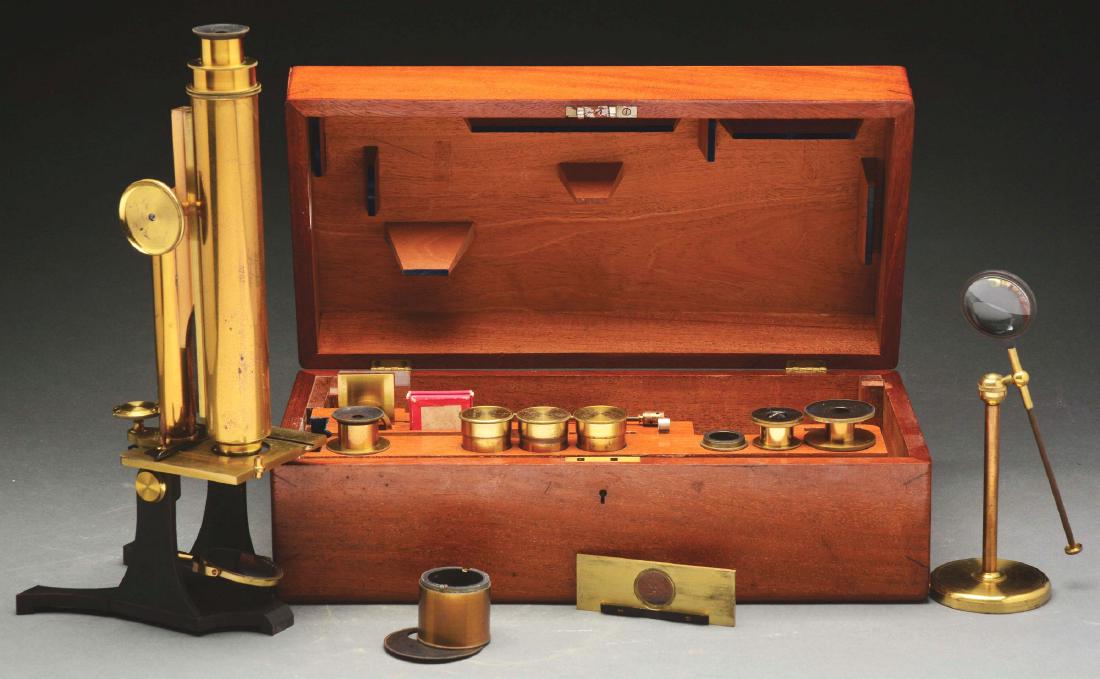 Microscope in Wooden Case.: Microscope is 14â€ tall with many accessories, including an extra lens in the original wood box in excellent condition. From the Ray Bentley Collection. Condition: Dimensions: Case: 14 - 3/4" x 5 -