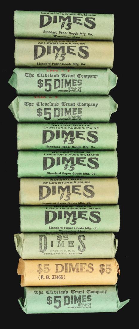 Lot of 11: BU Dime Rolls.: Lot consists of: Three 1946 BU rolls, two 1946 D BU rolls, four 1964 D BU bank rolls, and two 1963 D BU bank rolls. Condition: Dimensions: