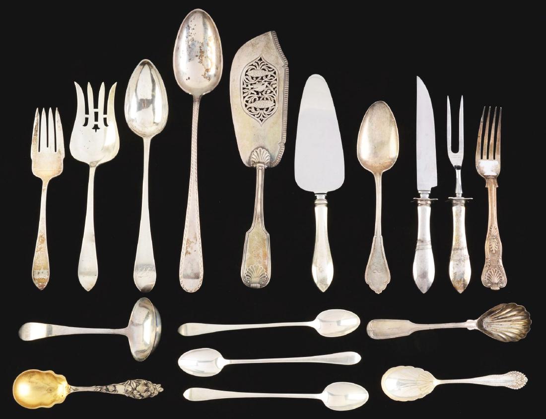 A Group of Sterling Flatware.: Including a set of 4 Whiting Apostle spoons with twist stems and large cast figures of Saints Paul, John, James, and Thomas; 12 Durgin Hampshire pattern lunch forks; 12 Watson Commonwealth pattern dem
