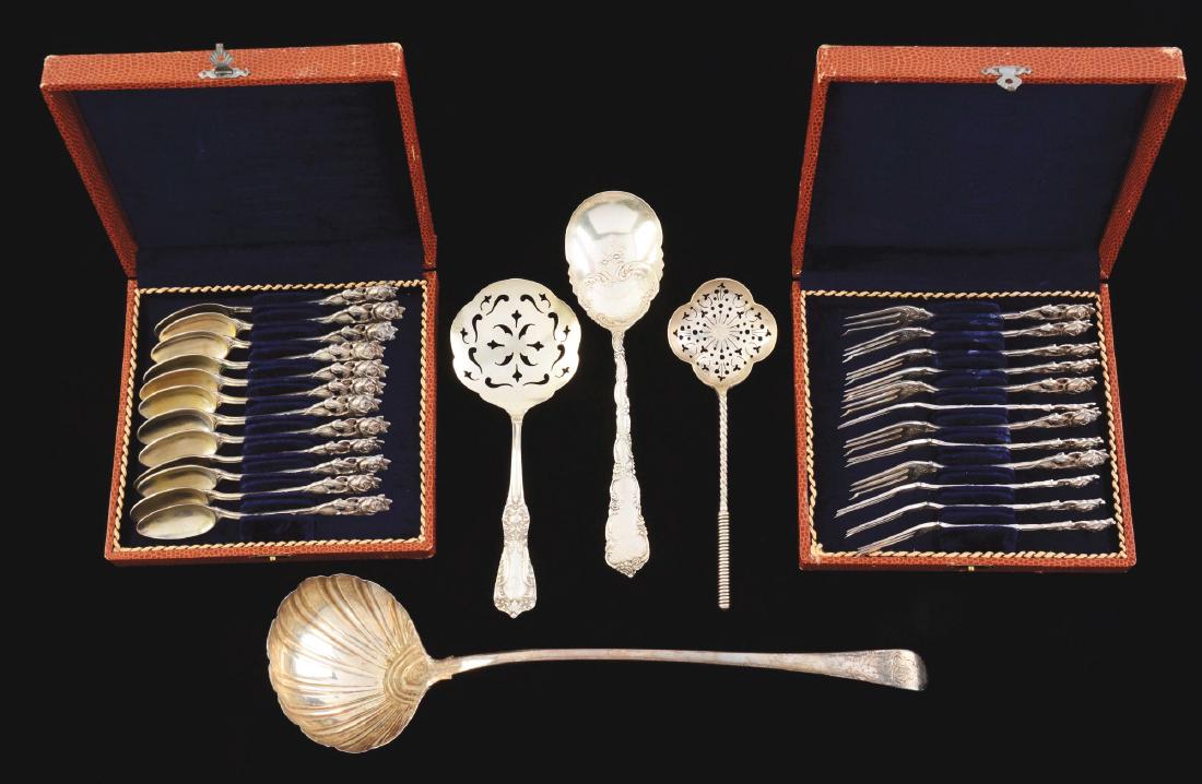 Lot of .925 & .800 Silver Items.: Lot consists of: first, twelve 5-1/4" long .800 silver matching spoons with rose handles in fitted case; second, twelve 5-1/4" long .800 silver matching cocktail forks with rose handles in fitted case