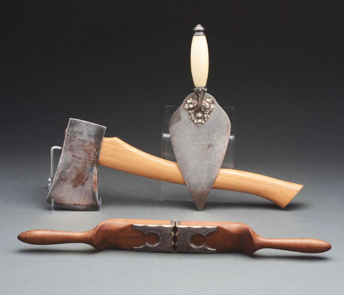 Sterling Trowel, Nutcracker & Ax.: Lot includes: Gorham Sterling Trowel, the triangular blade engraved to engineer J. A. Bensel for work on the Barge Canal, has a plain ivorine handle; a pair of silver-plate mounted wood nutcrackers; a