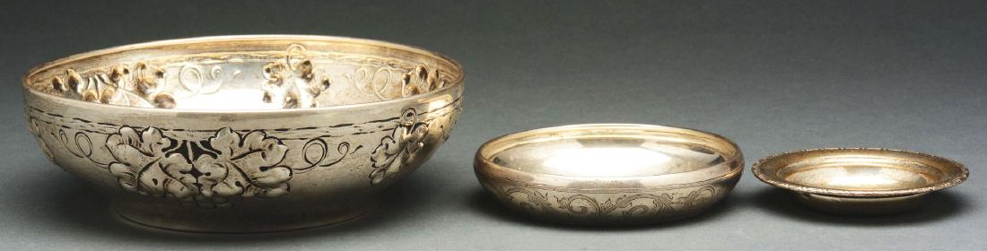 Lot of 3: Norwegian 830 Silver Bowls, One with Repousse: Lot consists of: first, a beautiful round bowl by Peder Arnesen Lie, Oslo, Norway, with repousse grape vines with grapes and leaves, stamped "P.A.LIE 830S" and measuring 7.25"D x 2.25"H; second, a gre