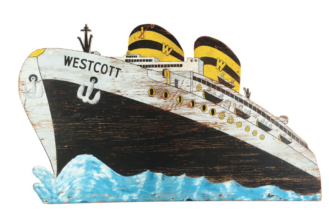 Paint Decorated Sign of the Ocean Liner "Wescott".: Mid-20th century. American. The sign cut out in profile, depicting a two stack liner on the open ocean, painted in black, yellow and white with blue and white highlighted waves. Structurally good with