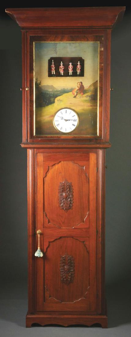 Exceptional Rare Cylinder Musical Automaton Tall Case: Mid-19th century. Possibly French. This rare musical automaton tall case clock features an architecturally scaled walnut neo-classical case with ogee molded crest over the rectangular glass panel door