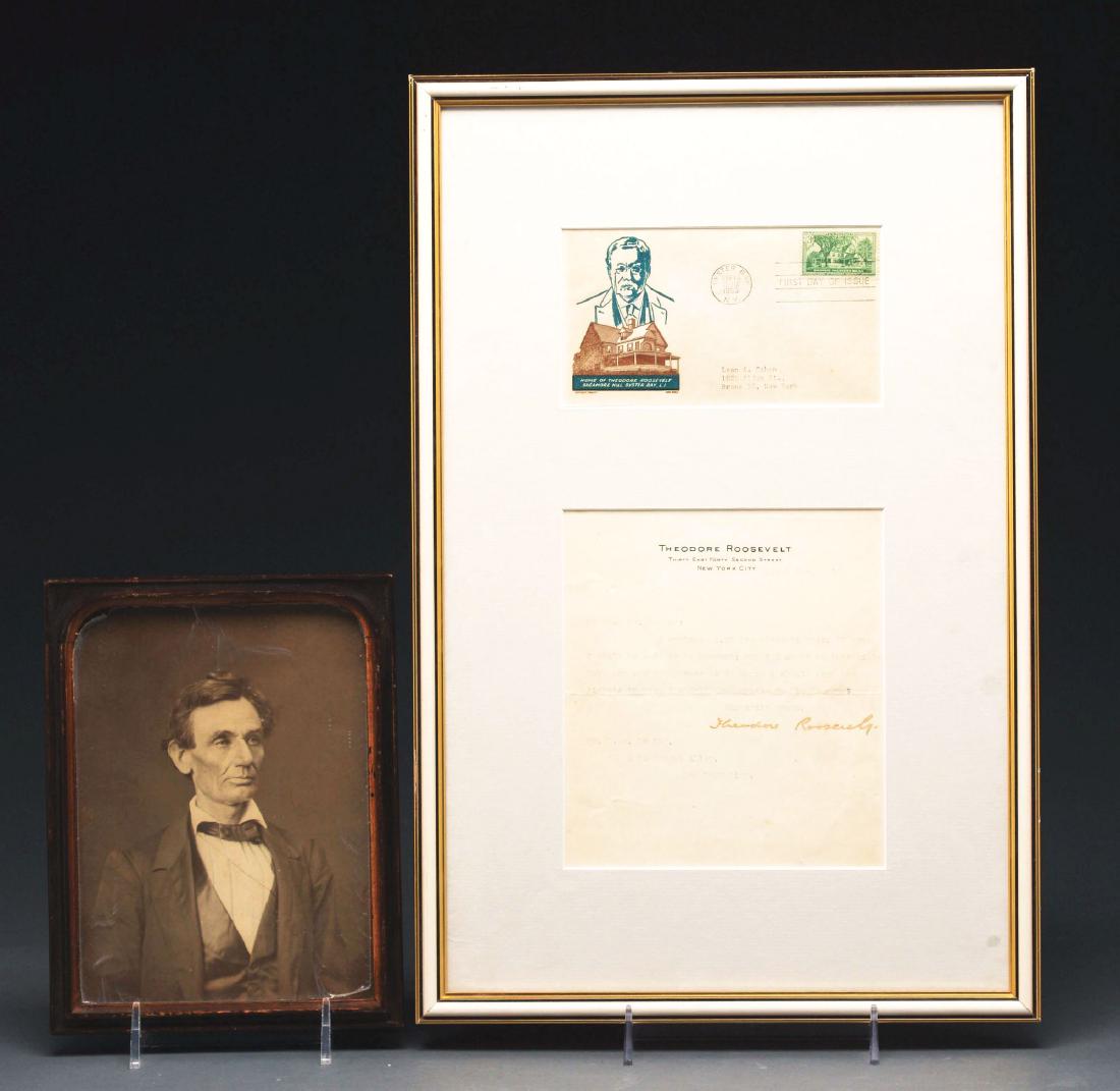 Lot of 2: Framed Abraham Lincoln & Theodore Roosevelt.: Lot consists of: first, a picture of Abraham Lincoln without beard, possibly from when he was still a lawyer, 7" by 9" and framed under glass; second, a signed letter by Theodore Roosevelt framed unde