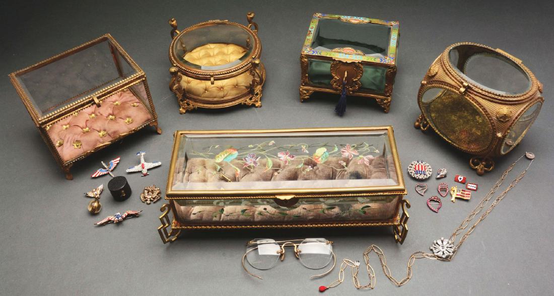 Lot of 5: Victorian Glass and Metal Jewelry Boxes &: Lot consists of: first, a rectangular beveled glass floral painted box with lock and key, having a pleated cushion insert; second, a square beveled jewelry box; third, a rectangular beveled box with p