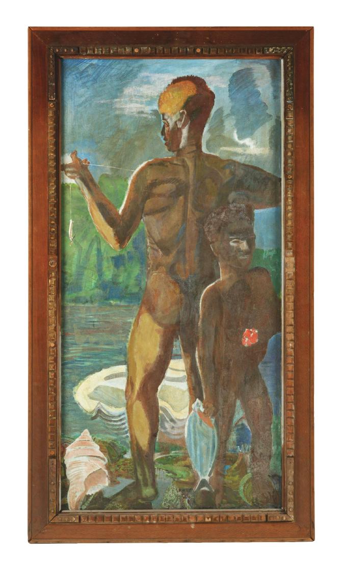 GEORGE MATHEWS HARDING (American, 1882-1959) FISHERMEN: Bearing exhibition label affixed to frame. Exhibited: Carnegie Institute, Pittsburgh, PA. "Painting in the United States, 1948." October 14-December 12, 1948. Title on label fragment "Flying ….Dolph