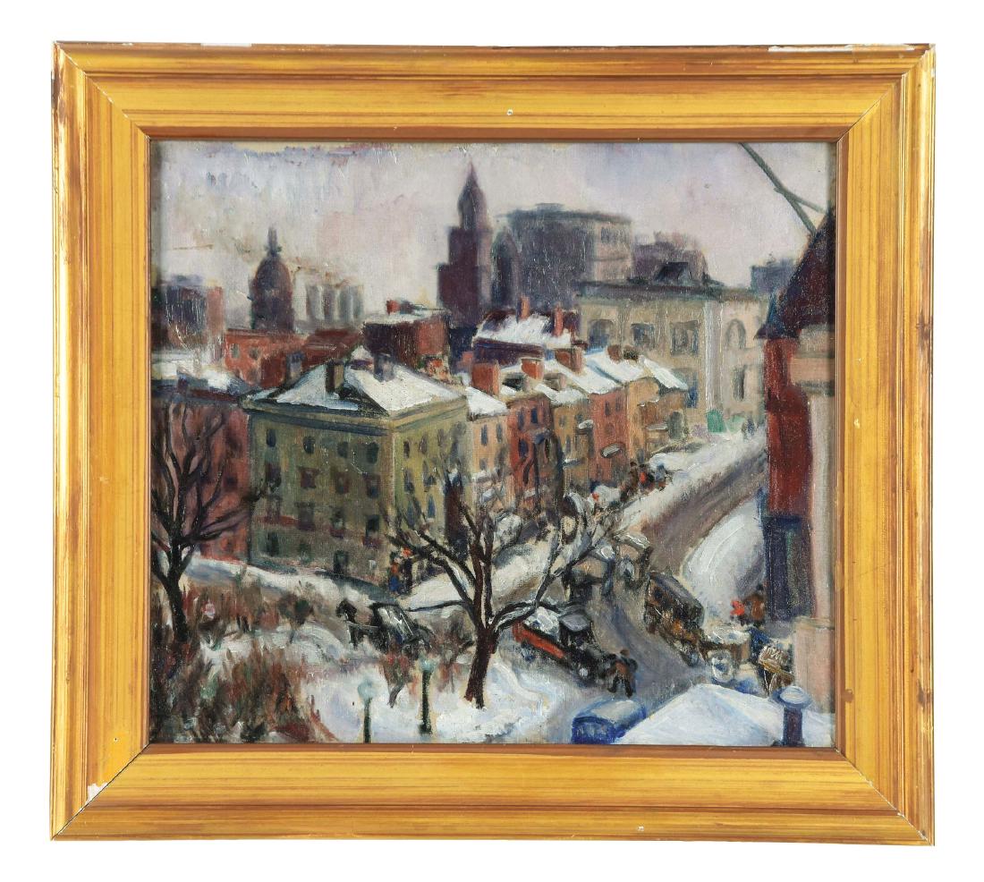 AMERICAN SCHOOL (20th century) BIRDS EYE CITY VIEW.: Artist: AMERICAN SCHOOL (20th century)Condition: Very good, stable paint surface. Frame: Vintage goldtone frame with lossesMedium: Oil on canvasSignature: Stretcher bears pencil inscription "Jencks"Ti