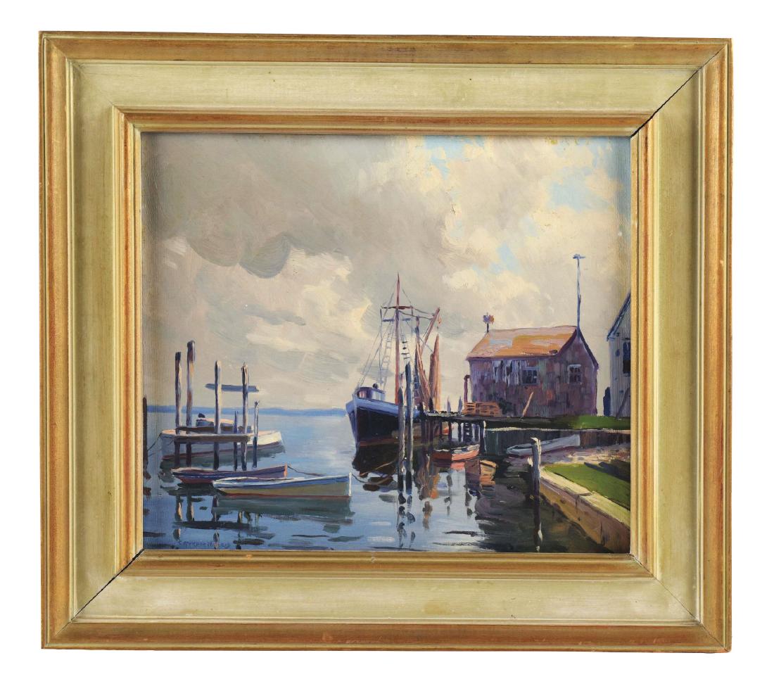 CHARLES GORDON HARRIS (American, 1891-1963) SNUG: Signed and titled on verso. Artist: CHARLES GORDON HARRIS (American, 1891-1963)Condition: Very good.Frame: White and gold painted wood frameMedium: Oil on boardSignature: Signed lower left "C. Gordon