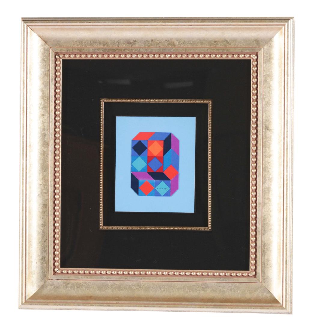 VICTOR VASARELY (Hungarian/French, 1906-1997) UNTITLED: Multi color faceted cut paper cubes mounted on blue painted cardstock, float mounted on black linen surrounded by a black linen mat housed in a giltwood frame under glazing. This lot is accompanied by