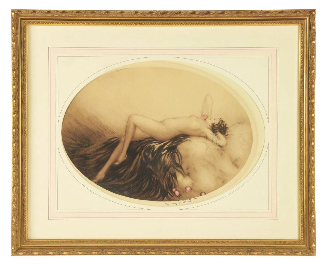 LOUIS ICART (French, 1888-1950) "EVE".: Artist: LOUIS ICART (French, 1888-1950) Condition: Good, mat burn, slipping within frame (not examined out of frame)Frame: Modern giltwood frame with oval mat under glazingMedium: Color etching and aq