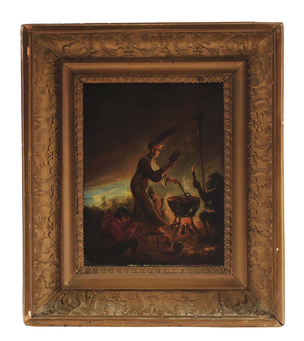 DAVID TENIERS, THE YOUNGER (Flemish, 1610-1690) THE: A wonderful example of Teniers fascination with the occult. A witch stands at her cauldron with zoomorphic figures around her and flying snakes shooting through the air above her head. Bearing an R.C.
