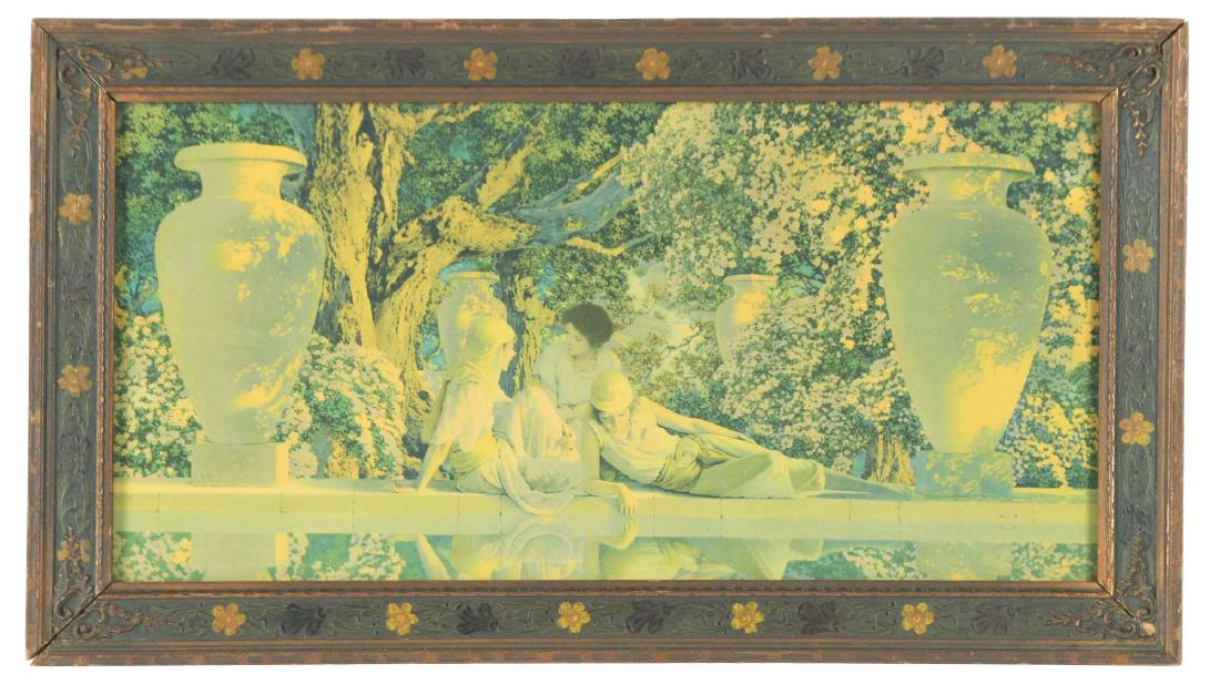 AFTER MAXFIELD PARRISH (AMERICAN, 1870-1966) IN THE: A circa 1918 print of three ladies in a vintage floral decorated frame.Condition: Faded, minor losses to frame. Condition: Dimensions: Framed: 20 - 1/2" x 11 - 1/2" x 1/2".