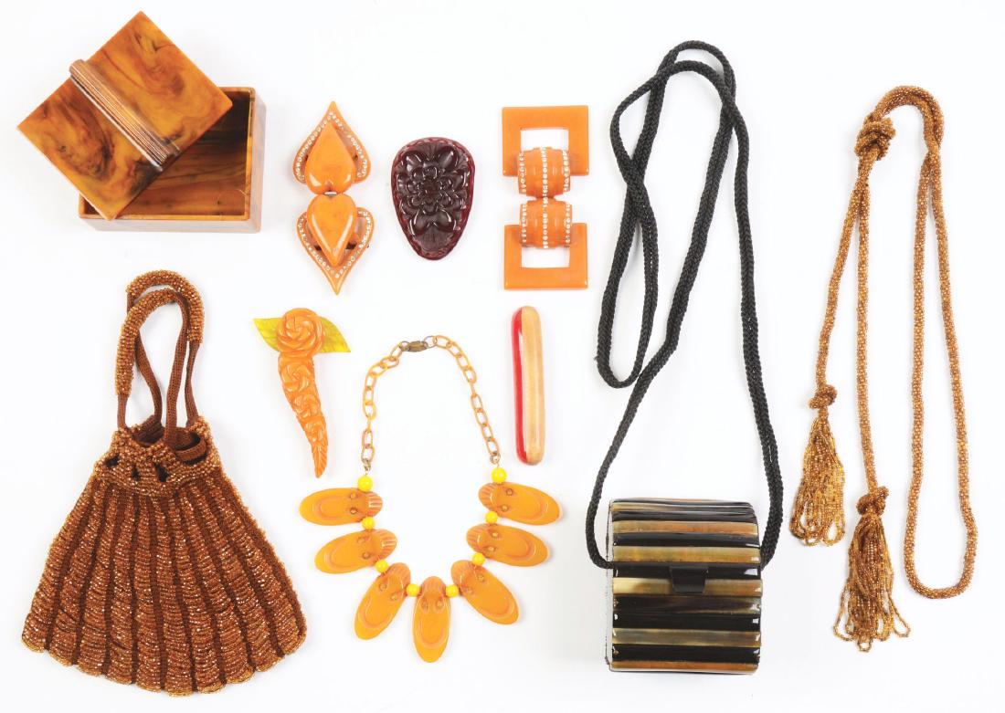 Lot of 10: Assorted Bakelite Items.: Nice grouping of bakilte pieces and purses. Condition: (Excellent). Dimensions: Largest: 5 - 1/2" x 6".