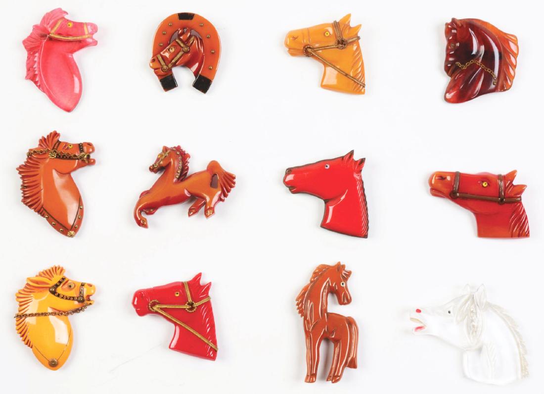 Lot of 12: Horse Bakelite Pins.: A nice lot of 12 Horse related bakelite pins. Nice color and detail. Condition: (Excellent). Dimensions: Largest: 3" x 3 - 1/4".