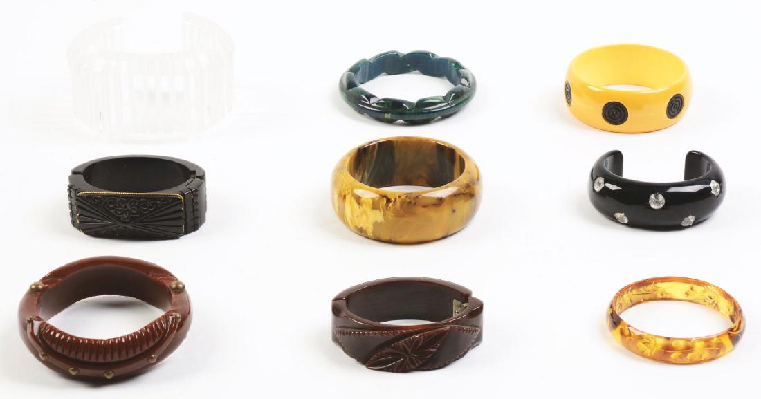 Lot of 9: Bakelite Bracelets.: Nice assorted grouping of 9 bakelite bracelets. Condition: (Excellent). Dimensions: Largest: 3 - 1/2" Dia.