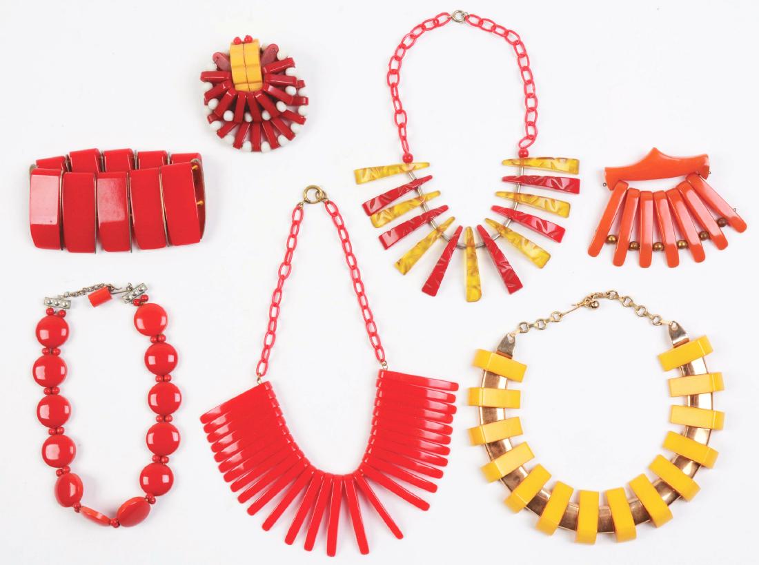 Lot of 7: Assorted Bakelite Pieces.: Includes bracelets and necklaces. Condition: (Excellent). Dimensions: Largest: 9 - 1/2" L.