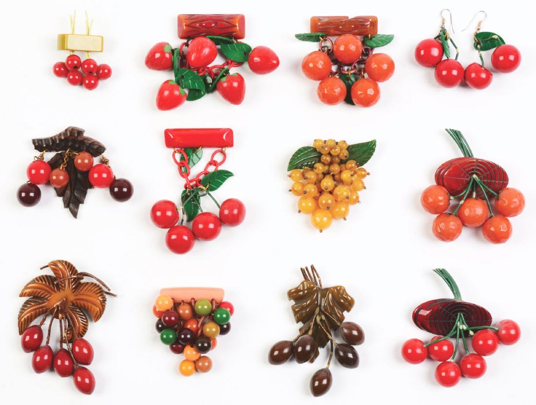 Lot of 12: Fruit Bakelite Pins.: Nice assorted grouping of fruit bakelite pins. Condition: Excellent Dimensions: Largest: 3 - 1/2" x 2 - 1/4".