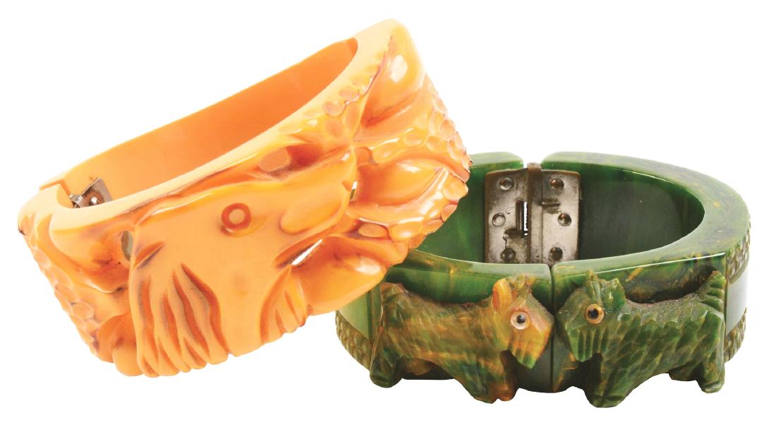 Lot of 2: Bakelite Bracelets.: Green and yellow carved bakelite dog bracelets. Condition: (Excellent). Dimensions: Largest: 3" x 2 - 1/2".