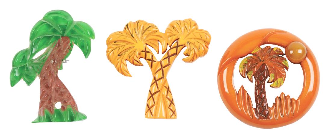 Lot of 3: Palm Tree Bakelite Pins.: Nice lot of 3 carved tree themed bakelite pins. Condition: (Excellent). Dimensions: Largest: 2 - 3/4" x 2 - 1/4".