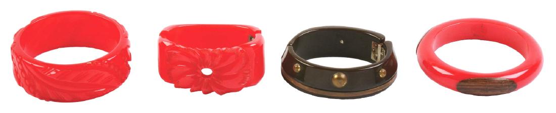 Lot of 4: Bakelite Bracelets.: Nice lot of 4 carved bakelite bracelets. Condition: (Excellent). Dimensions: Largest: 3 - 1/4" Dia.