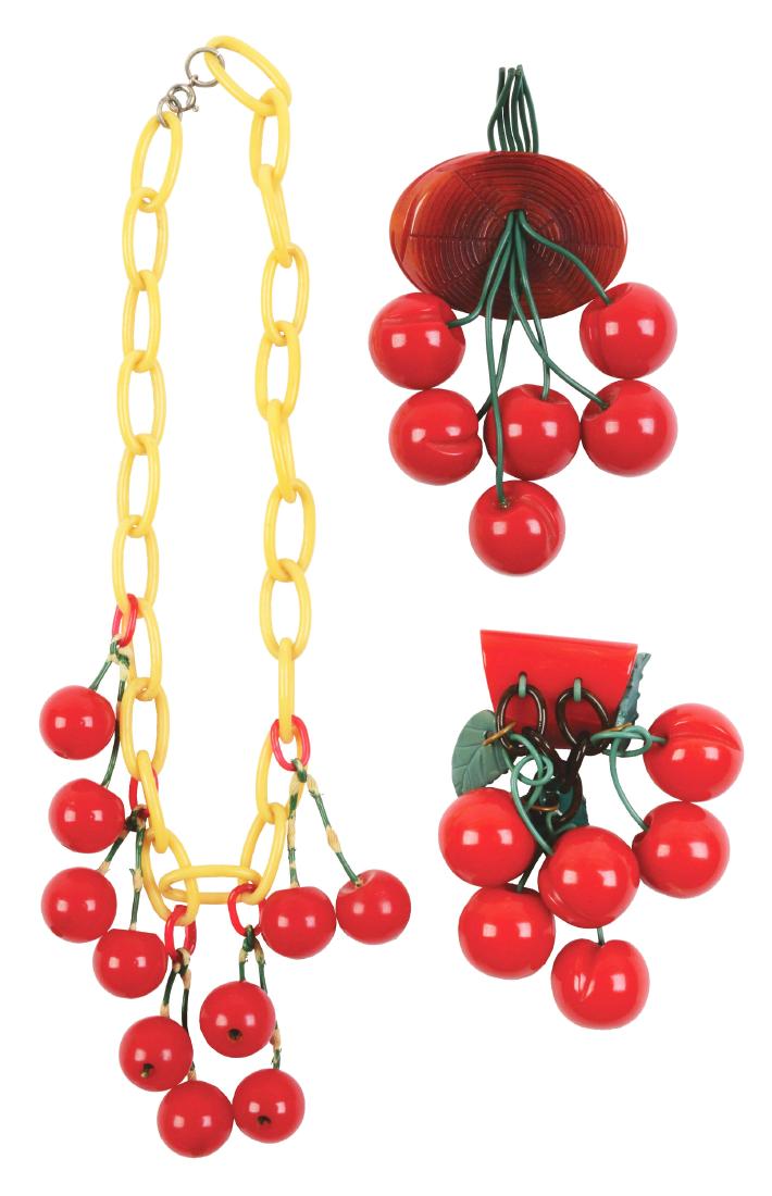 Lot of 3: Bakelite Pins & Necklace.: Includes a cerries necklace and two dangling cherry pins. Condition: (Excellent). Dimensions: Largest: 5 - 1/2" x 6 - 1/2".