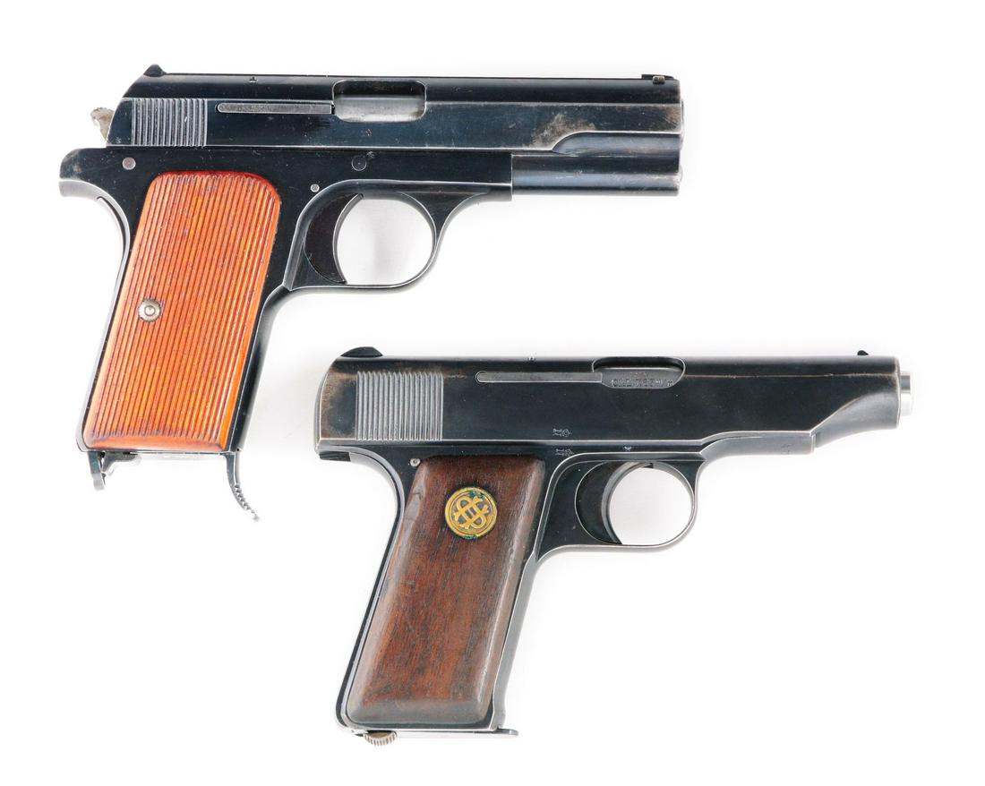 (C) TWO PRE-WAR SEMI-AUTOMATIC PISTOLS FROM FEMARU AND: (A) Femaru Model 37 - This pistol was made before the German occupation as there are no German military markings. It wears a commercial quality blue finish with grooved hard-wood stocks. It comes with