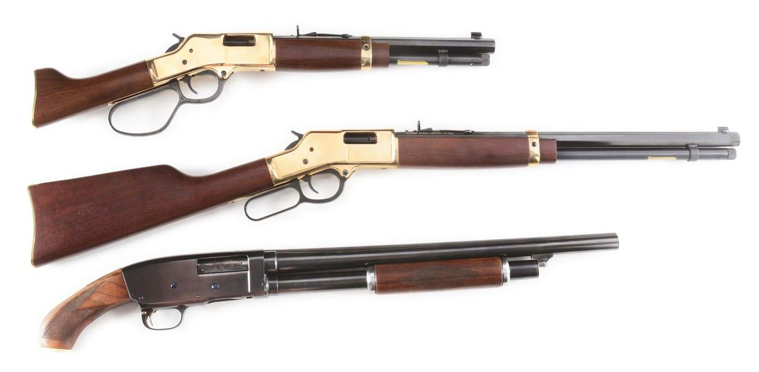 (M) LOT OF THREE: HENRY ARMS MARE'S LEG AND .44 MAGNUM: Lot consists of (A) Mare's Leg in .45 Colt, extra large loop, brass furniture and walnut stocks. Buckhorn rear sight with white diamond. Comes in Henry white cardboard box correctly numbered to gun. C