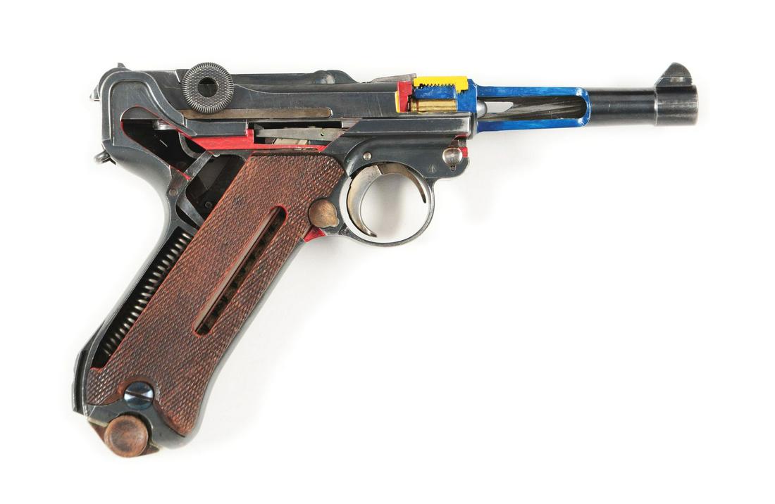 DWM LUGER CUTAWAY.: Manufactured by Deutsche Waffen Und Munitionsfabriken Co. Features round barrel with dovetailed inverted V front sight, V notch rear sight on rear link, thumb safety marked "GESICHERT" in the upper po