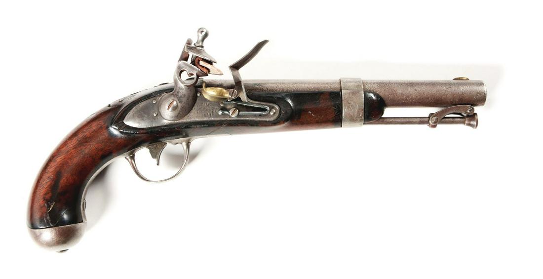 (A) US MODEL 1836 FLINTLOCK MARTIAL PISTOL BY JOHNSON.: The Model 1836 was the last US Martial pistol made using the flintlock mechanism. About 41,000 were manufactured between 1836 and 1844 by Asa Waters and Robert Johnson. This was the standard issue pis