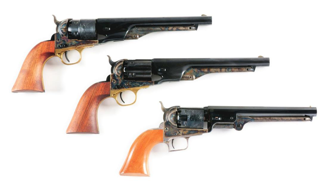 (A) LOT OF THREE: THREE COLT SECOND GENERATION BLACK: Lot consists of an 1851 Navy and two 1860 Army revolvers. One 1860 is long flute model and the other is a US model. All have the traditional blue and case colors with walnut grips. CONDITION: All thre