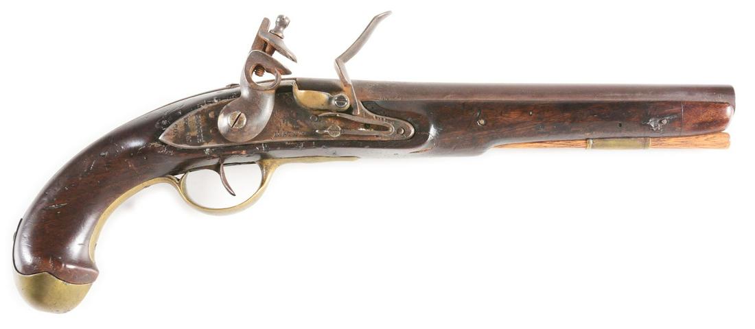 A RARE AND DESIRABLE MODEL 1808 NAVY FLINTLOCK BY: With only 3,000 ever manufactured, and most of these either converted to percussion or reconverted to flintlock, the 1808 North Navy is one of the more important US martial pistols. The lock has clear
