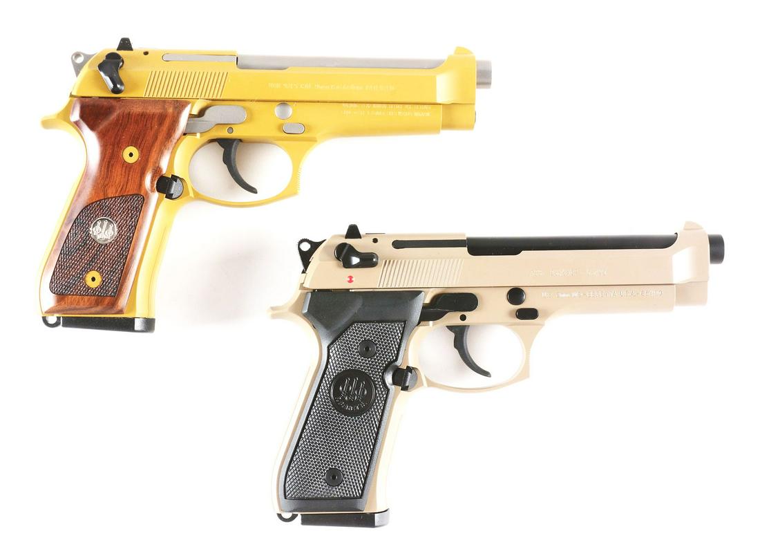 (M) LOT OF TWO: BERETTA 92FS SEMI AUTOMATIC PISTOLS IN: Lot consists of (A) Special offering of Beretta Model 92FS 9mm Pistol with Pelican hard case, three magazines, and gun lock. Pistol features Desert Tan epoxy finish with stainless barrel and wood grip