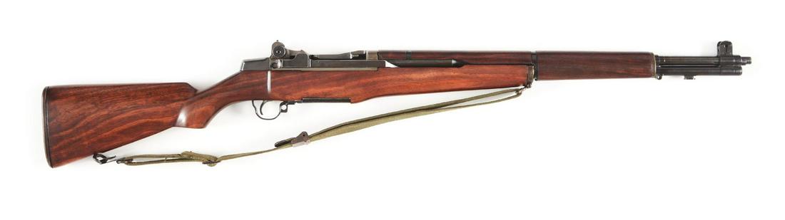 (C) SPRINGFIELD M1 GARAND SEMI-AUTOMATIC RIFLE.: 1941 manufacture with 6-44 barrel date. Three piece GI walnut stocks with all Springfield late-war parts. CONDITION: Very good with most arsenal reapplied finish remaining with only high point wear an