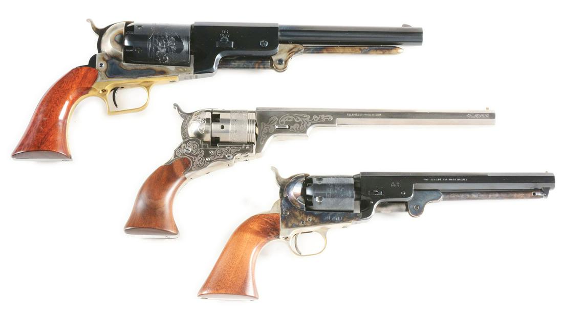 (A) LOT OF 3 PERCUSSION REVOLVERS FROM UBERTI AND: Lot consists of (A) Uberti Italian Replica 1847 Colt Walker, 8" barrel, .44 caliber, blue and case color, varnished one-piece walnut grips. CONDITION: New in correct original box numbered to gun with 