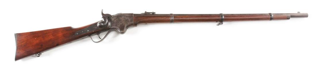 (A) CIVIL WAR SPENCER MODEL 1860 REPEATING RIFLE.: Standard three band Civil War Spencer Model 1860 rifle. Seven shot tube magazine fed through butt. This gun is very close by serial number to guns issued to the 5th and 6th Independent Companies of Oh