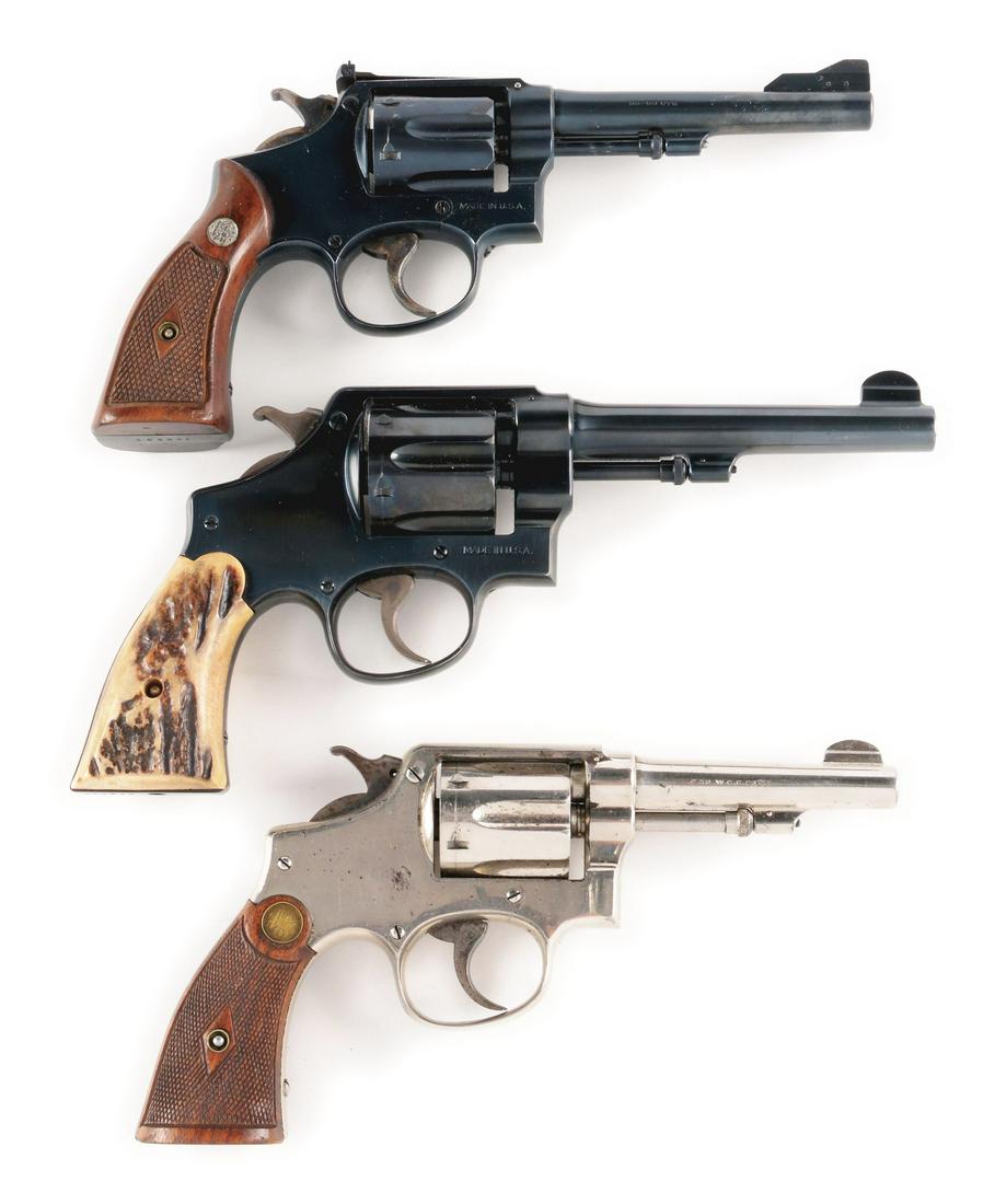 (C) LOT OF 3: SMITH & WESSON REVOLVERS.: Lot consists of: (A) Hand Ejector 1905 Smith & Wesson 32 revolver. CONDITION: Replaced sights. Fully refinished with most all remaining. Bright clean bore. (B) Hand Ejector Model 1917 commercial Smith