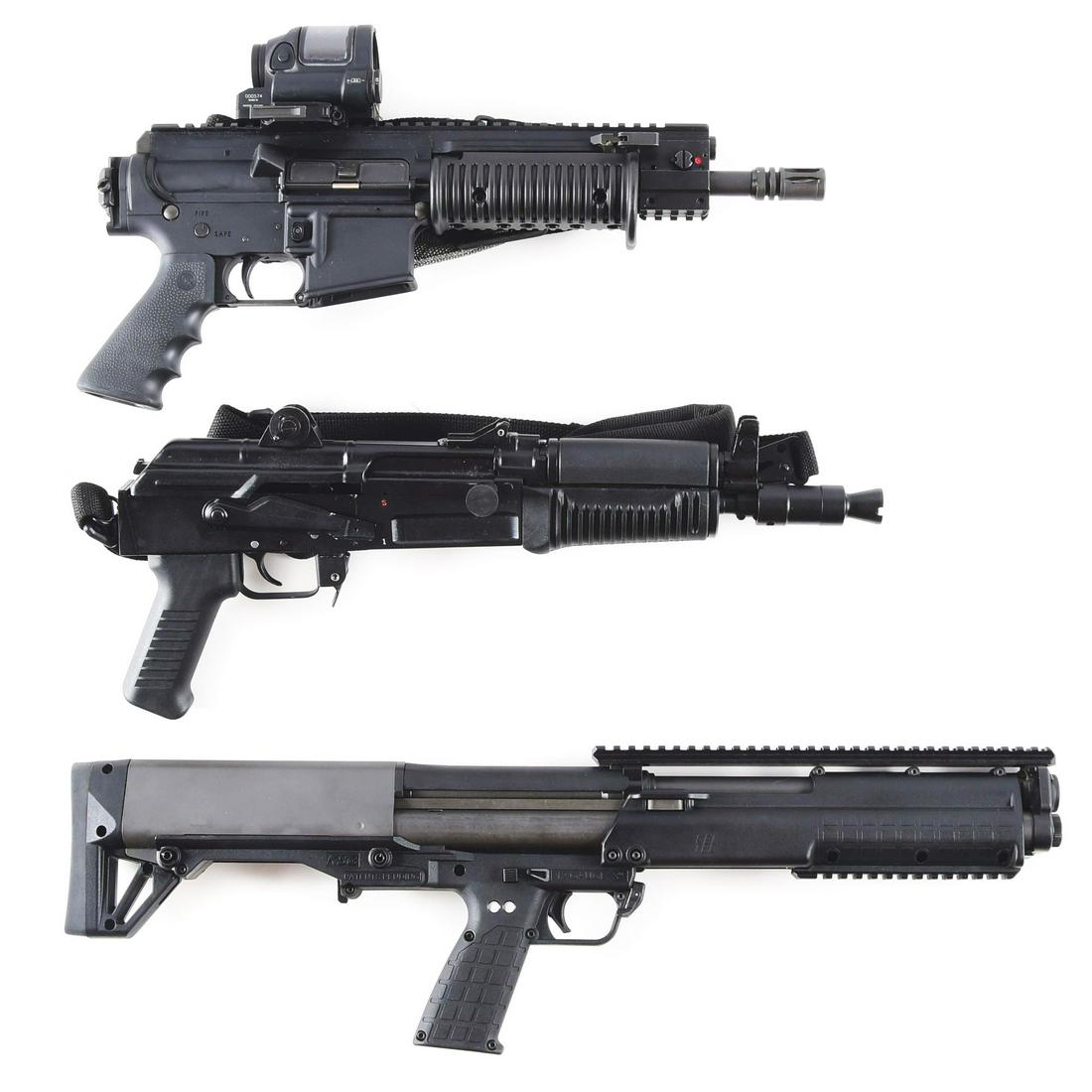 (M) LOT OF THREE: ROCK RIVER ARMS LAR-PPS AND ARSENAL: Lot consists of (A) Rock River Arms LAR-PPS with folding charging handle, A2 style flash hider, sling swivel at rear, polymer furniture. Mounted with a Trijicon SRS red dot sight. CONDITION: Good used