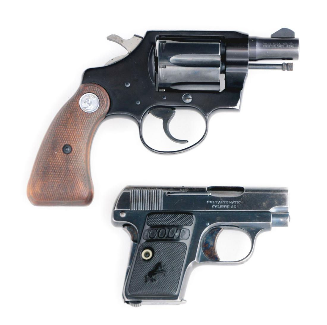 (C) TWO FINE COLT FIREARMS, ONE 1908 AND ONE COBRA.: (A)Colt Model 1908 .25 caliber semi-automatic pistol. Made in 1920. Features blue finish with Colt logo hard rubber grips and case colored grip safety and trigger. Comes with one original Colt two ton