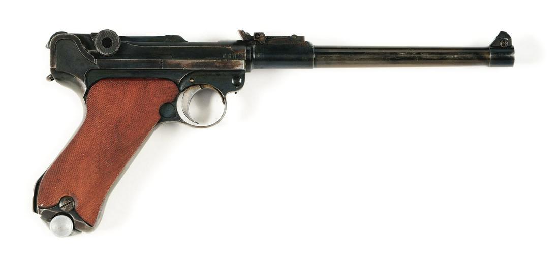 (C) 1914 ERFURT LP.08 ARTILLERY LUGER SEMI-AUTOMATIC: 1914 dated Erfurt Artillery Luger. Features round barrel with inverted V fine tune front sight, nine position fine tune artillery rear sight, toggle action, finely checkered walnut grips, straw small 