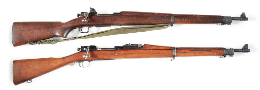 (C) TWO US MODEL 1903 MILITARY RIFLES: Lot consists of (A) Smith-Corona 1903-A3. Typical World War II A-3 model with the updated rear sight, dark matte finish, S-C 11-42 marked barrel and a pistol grip C-stock added with no cartouche. COND