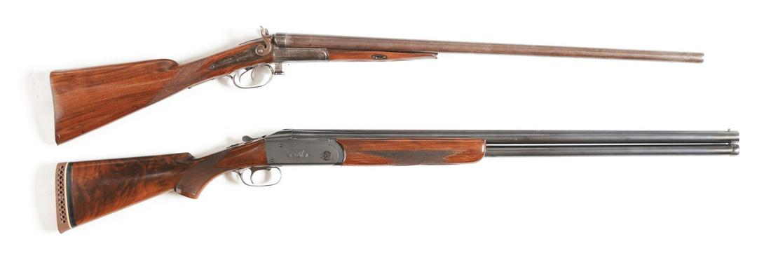(C) LOT OF TWO: TWO QUALITY ANTIQUE AND PRE-WAR: Lot consists of (A) Parker 12 bore lifter model with exposed hammers. Barrels are 28". Wood has been replaced and recheckered. CONDITION: Barrels are brown and bores are rough. Action is loose. Wedge 