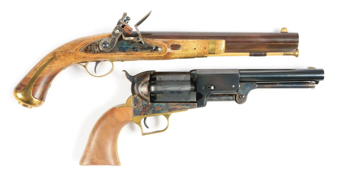 (A) LOT OF 2: PIETTA FLINTLOCK PISTOL AND COLT: Lot consists of: (A) F. LLI Pietta Italian replica Harpers Ferry 1807 flintlock pistol, 10" round barrel, .58 caliber, wood case with brass charger, powder flask, and powder measures. CONDITION: Nearl